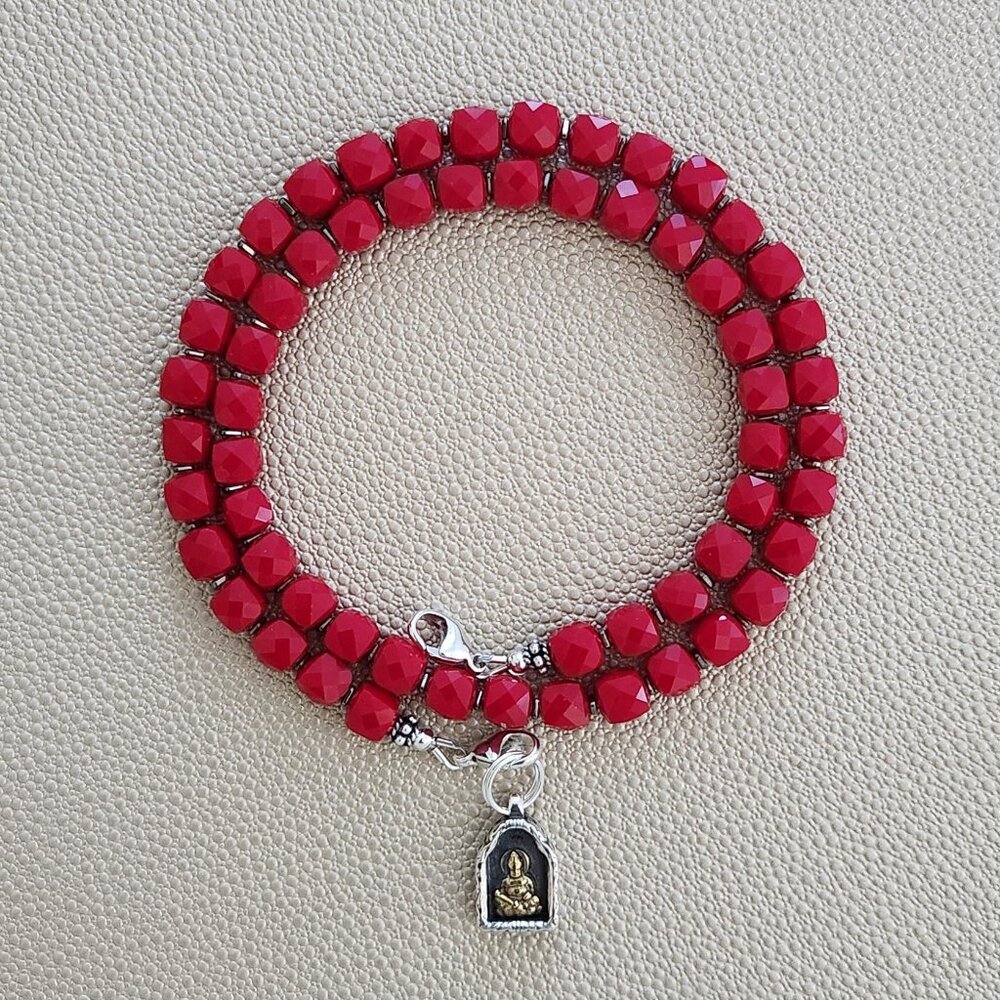 RED CUBE JADE NECKLACE W/ MINI 925 BUDDHA AMULET--18"